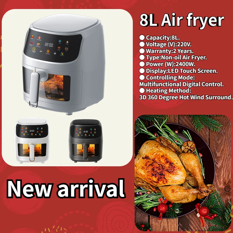 White 8L Sliver Crest Digital Touch Screen Air Fryer with Viewing Window  and Nonstick Basket 