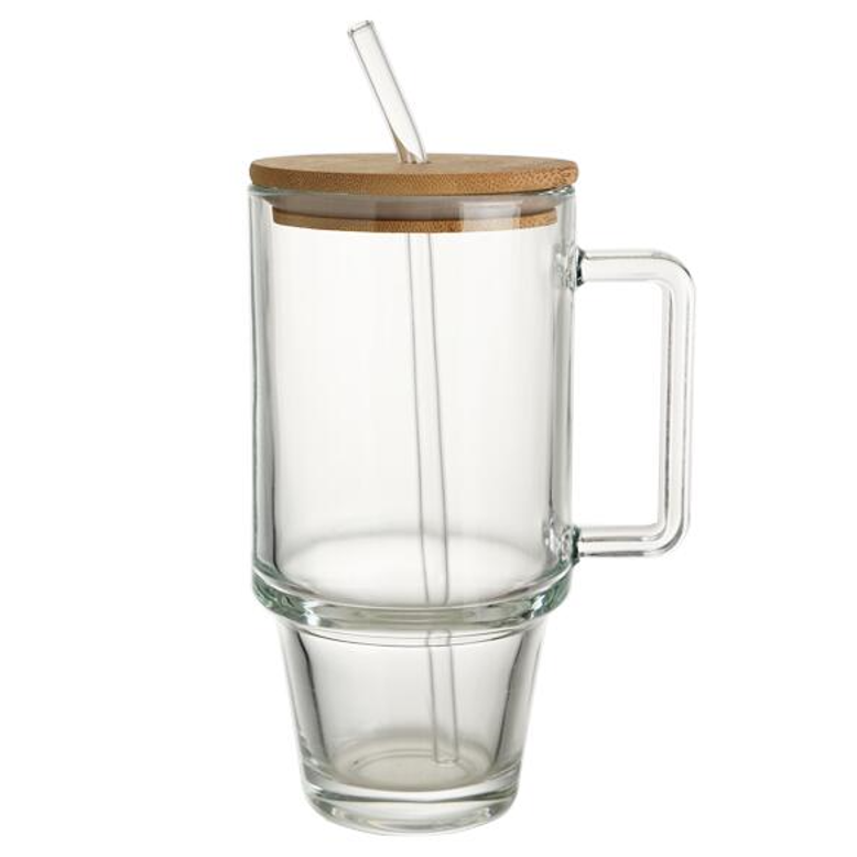 Glass Cup with Wooden Lid And Straw Large Capacity for Beer Drinks ,Milk, Tea Cup and Ice Bucket with Handle